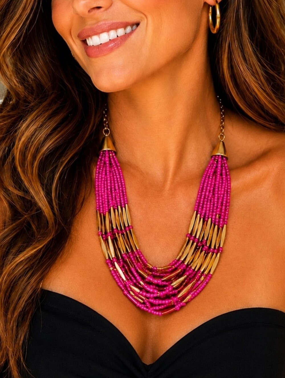 Hot Pink Multi-Strand Seed Bead Statement Necklace Gold Tone Accent Boho Glam